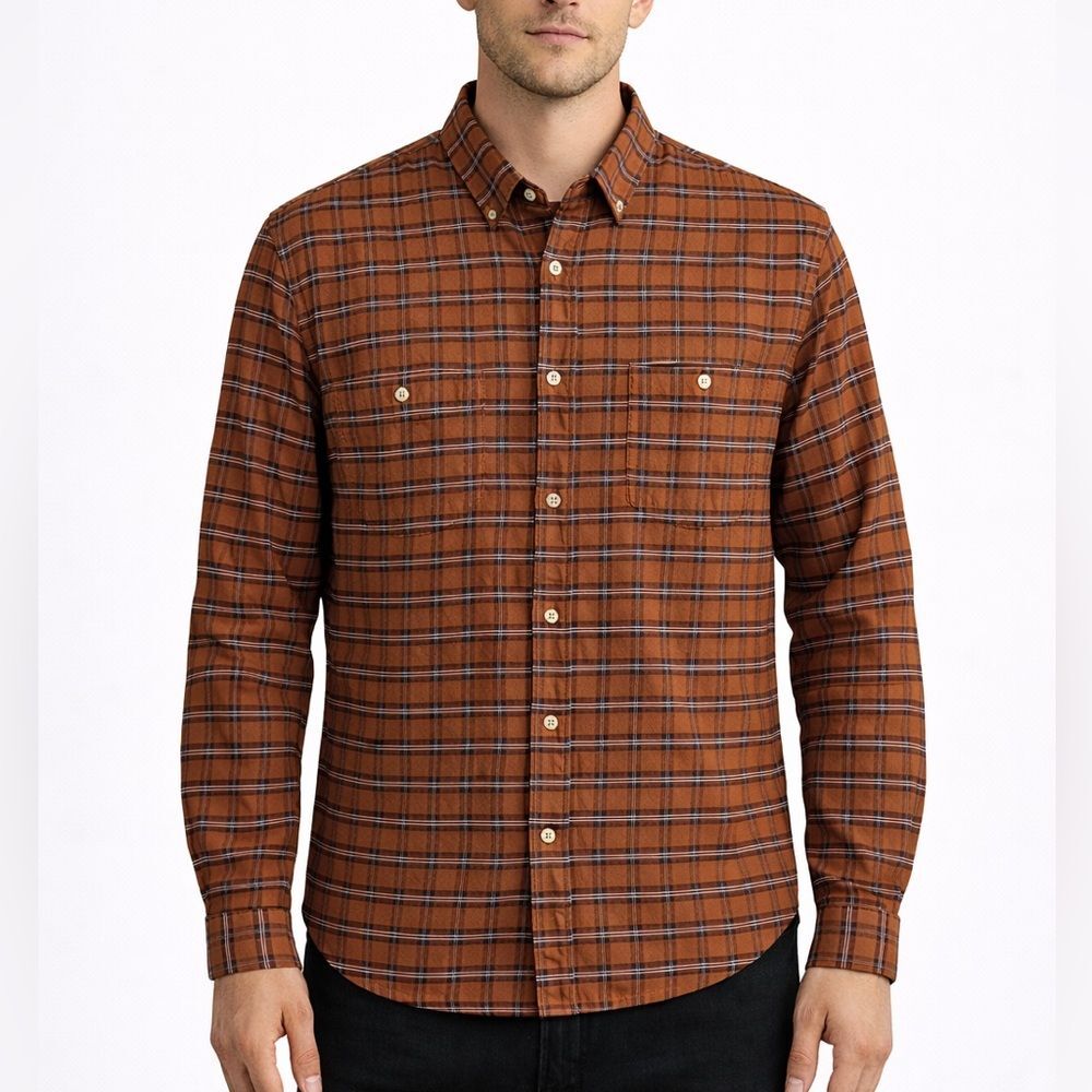 Onia Plaid‎ Button Down Shirt Medium Brown Rust Flannel Casual Fall Style